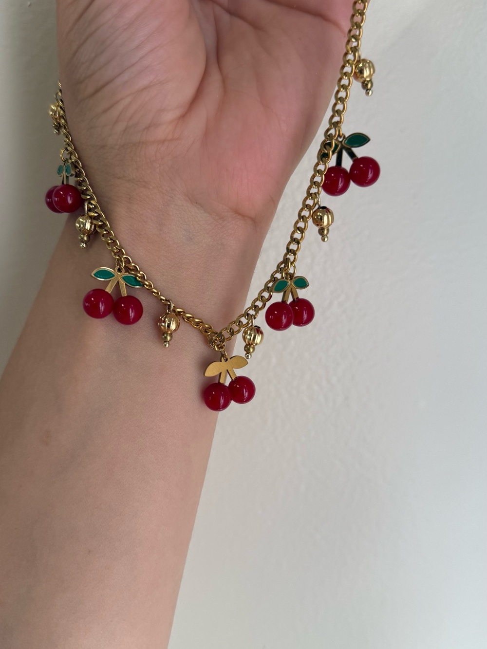 Gold Cherry Charm Necklace - Red Cherry Pendant Necklace - Picture 4 of 4